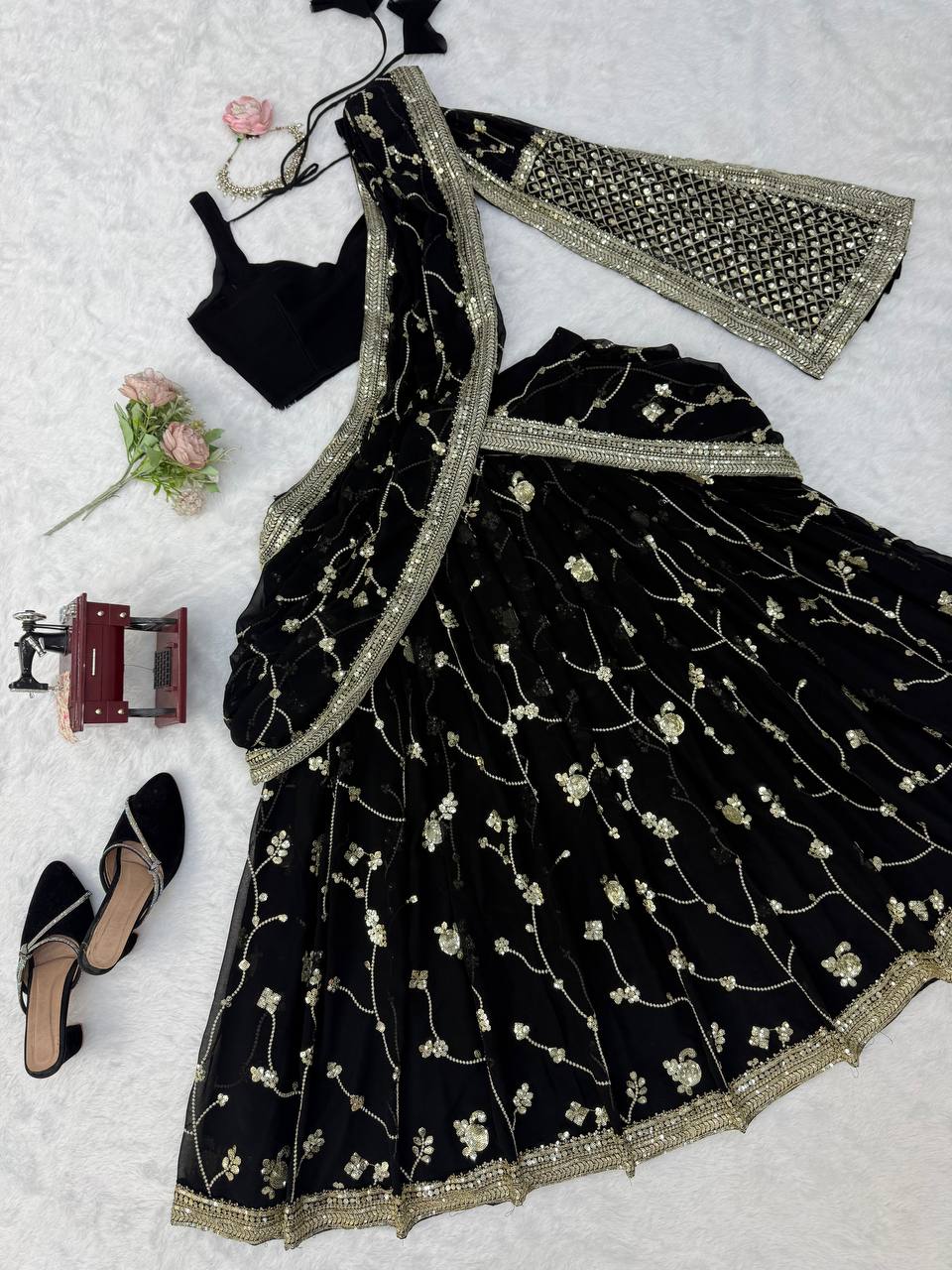 Midnight Black Georgette Lehenga Choli Adorned with Delicate Silver Floral Vine Embroidery and Scalloped Borders